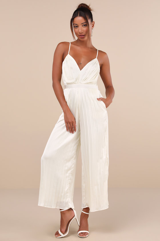 Lulus Stellar Poise Ivory Pleated Satin Wide-leg Jumpsuit In Ivory