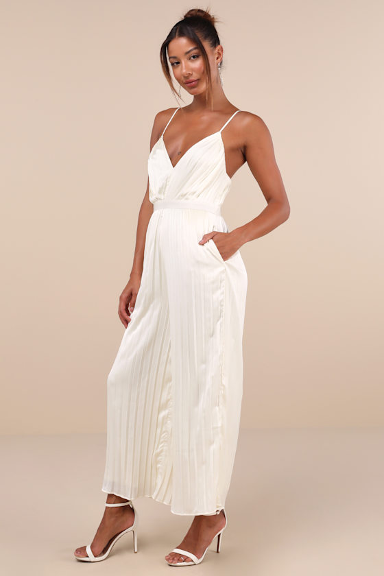 Lulus Stellar Poise Ivory Pleated Satin Wide-leg Jumpsuit In Ivory