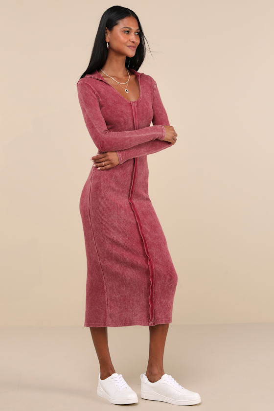 Lulus Effortlessly Pristine Washed Berry Ribbed Long Sleeve Midi Dress In Red