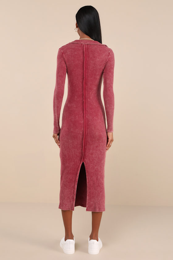 Lulus Effortlessly Pristine Washed Berry Ribbed Long Sleeve Midi Dress In Red