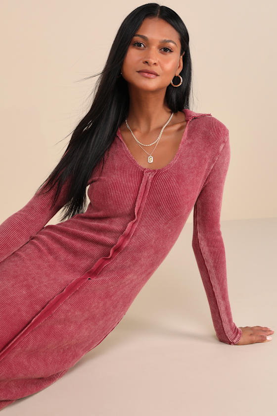 Lulus Effortlessly Pristine Washed Berry Ribbed Long Sleeve Midi Dress In Red