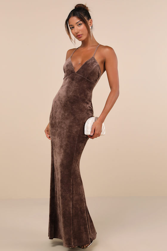 Immensely Luxe Brown Velour Backless Mermaid Maxi Dress 2