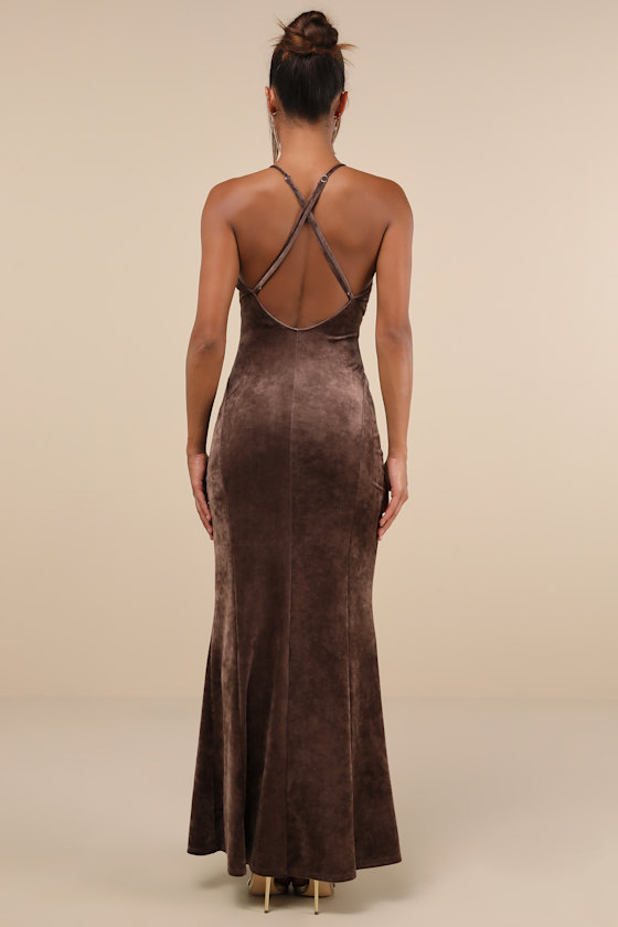 Lulus Immensely Luxe Brown Velour Backless Mermaid Maxi Dress In Brown