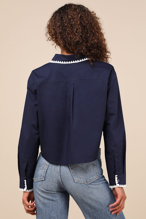 Lulus Aesthetic Charm Navy Blue Embroidered Collar Long Sleeve Top In Navy Blue