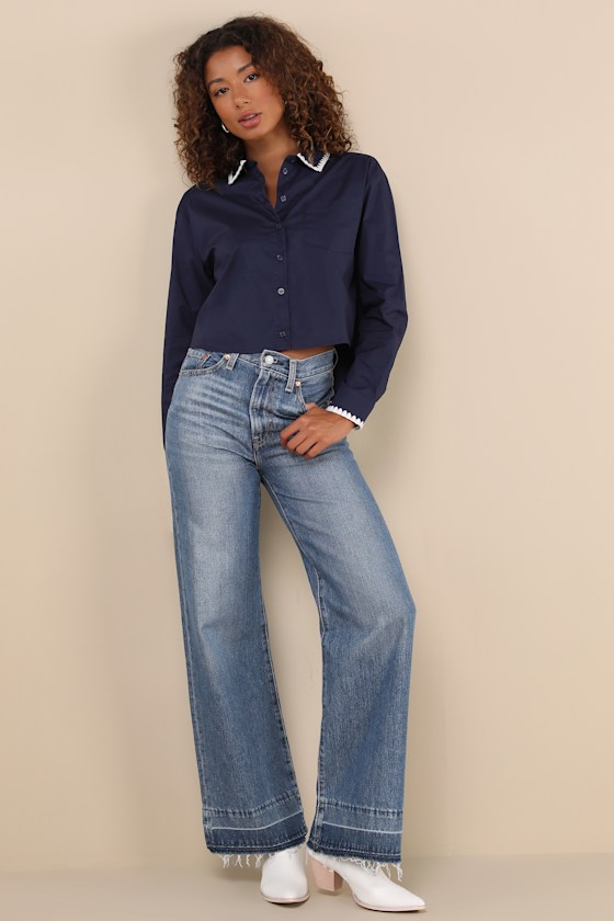 Lulus Aesthetic Charm Navy Blue Embroidered Collar Long Sleeve Top In Navy Blue