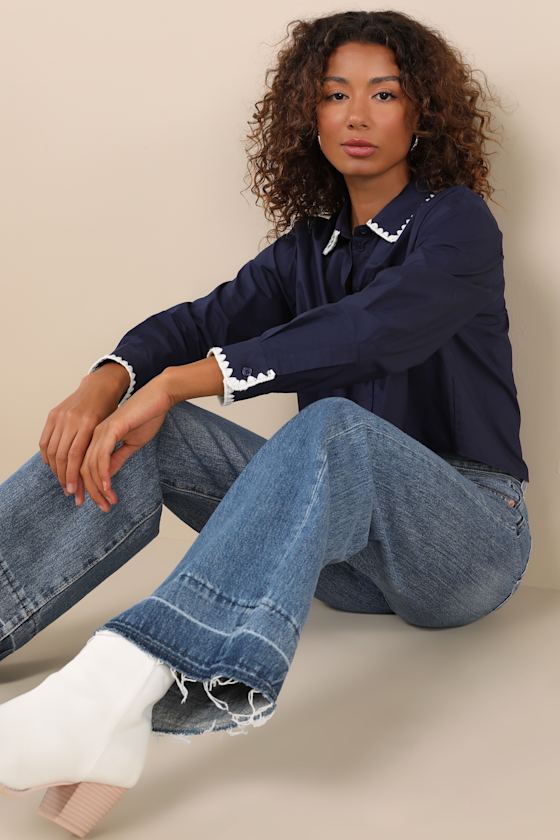Lulus Aesthetic Charm Navy Blue Embroidered Collar Long Sleeve Top In Navy Blue