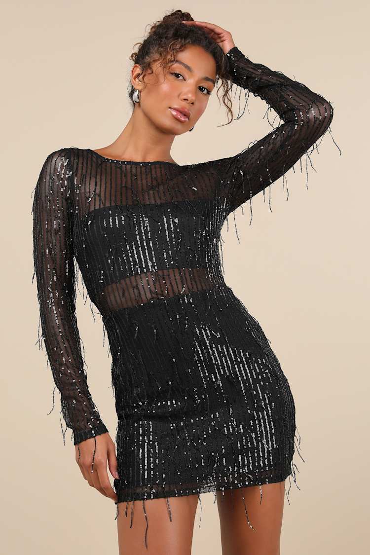 Black Mesh Sequin Dress - Black Mini Dress - Sequin Fringe Dress - Lulus Black Mesh Sequin Dress - Black Mini Dress - Sequin Fringe Dress - Lulus