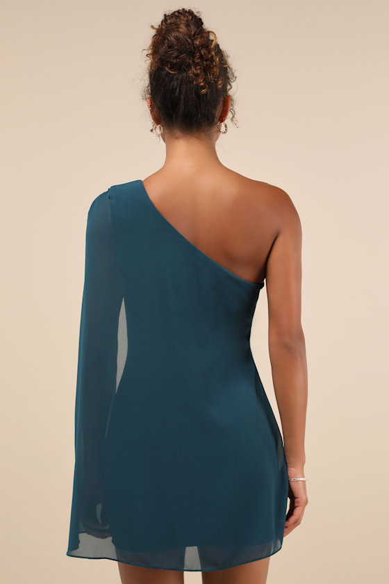 Majestic Energy Teal Green Cape Sleeve One-Shoulder Mini Dress