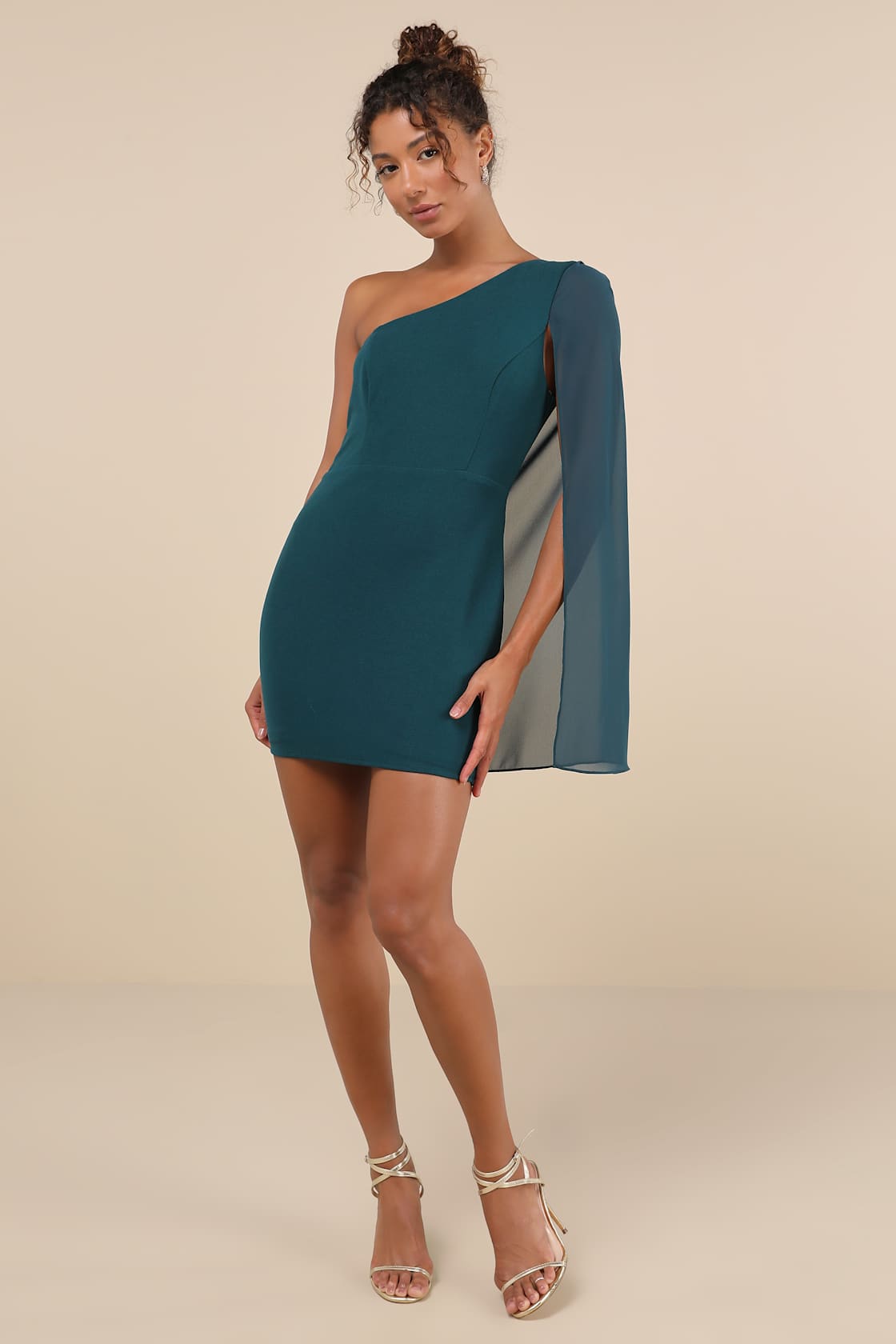 Majestic Energy Teal Green Cape Sleeve One-Shoulder Mini Dress