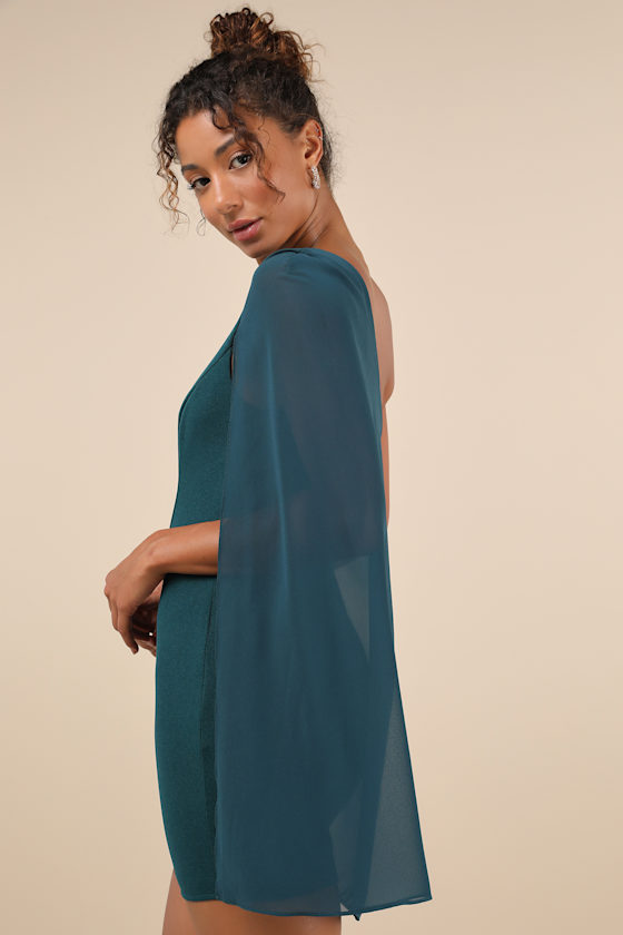 Lulus Majestic Energy Teal Green Cape Sleeve One-shoulder Mini Dress In Teal Green