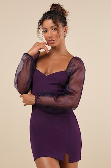 Purple Long Sleeve Dress Mini Dress Sheer Sleeve Dress Lulus