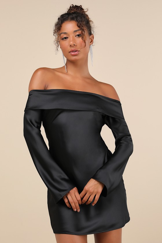 Luxurious Vision Black Satin Off-the-Shoulder Mini Dress 2