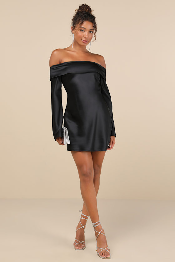 Lulus Luxurious Vision Black Satin Off-the-shoulder Mini Dress In Black