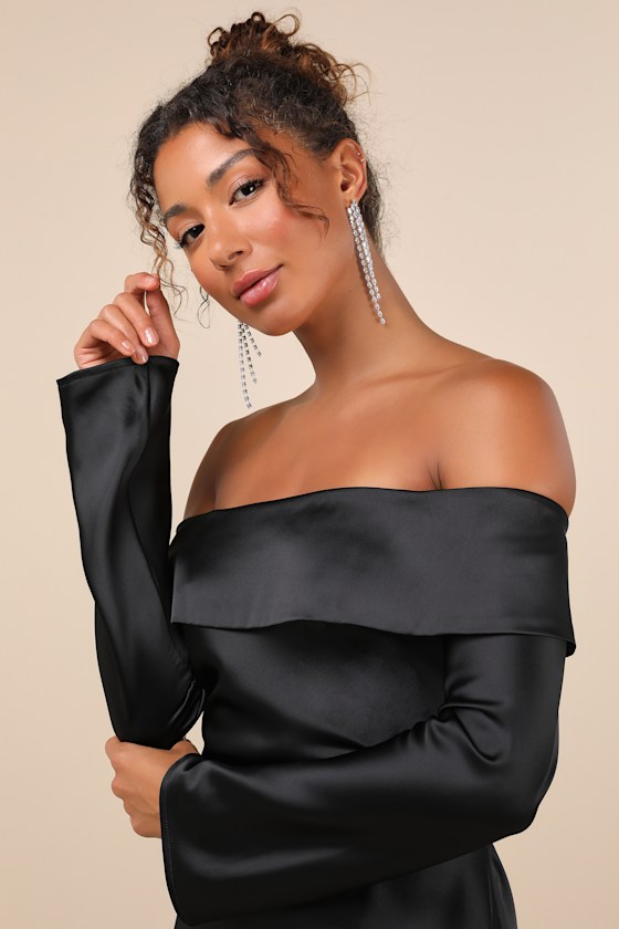 Lulus Luxurious Vision Black Satin Off-the-shoulder Mini Dress In Black