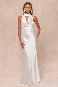 Gorgeous Vow White Satin Mock Neck Cowl Mermaid Maxi Dress 3