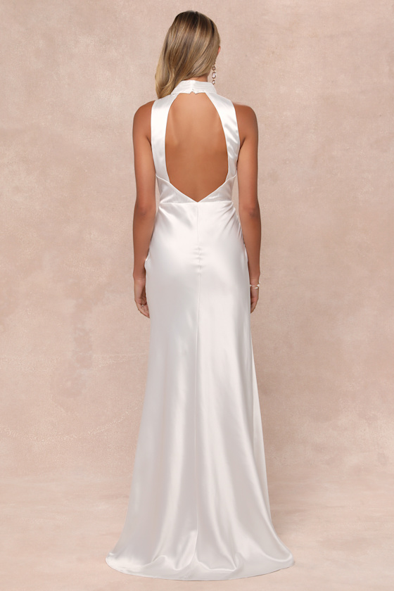Gorgeous Vow White Satin Mock Neck Cowl Mermaid Maxi Dress 4