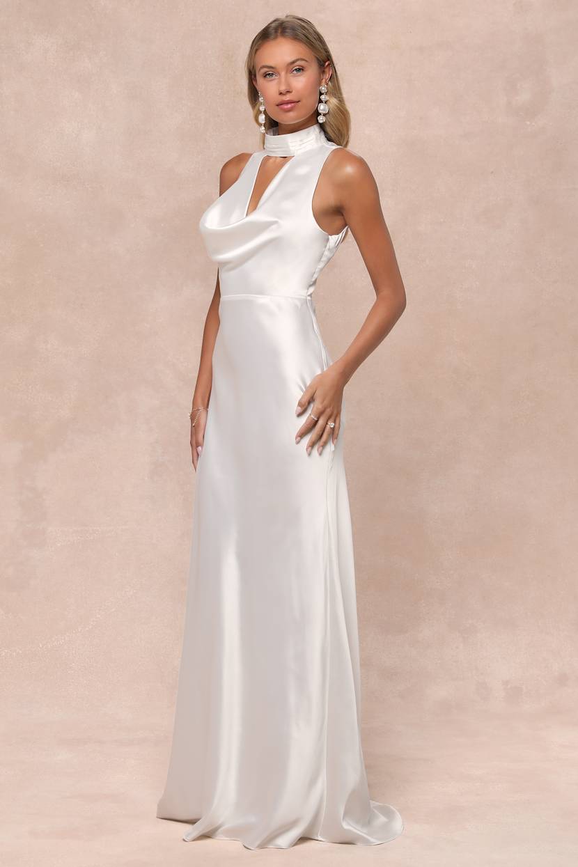 White Satin Mock Neck Cowl Mermaid Maxi Dress | Womens | X-Large (Available in M, L) | 100% Polyester | Lulus | Holiday Dresses