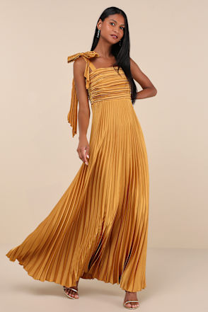 Gold Satin Dress Pleated Maxi Dress Bow Bridesmaid Dress Lulus
