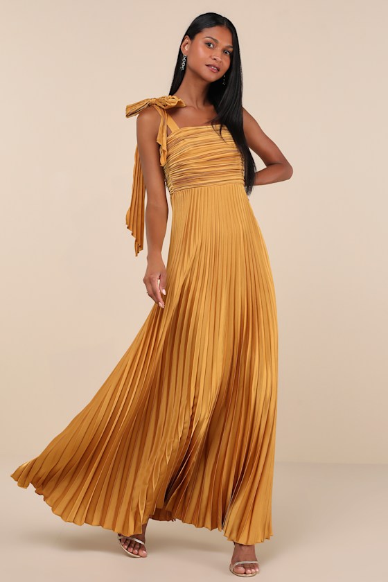 Gorgeous Purpose Gold Satin Pleated Sleeveless Bow Maxi Dress 1