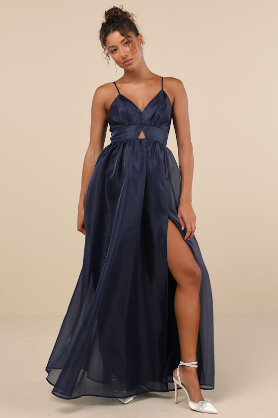 Lulus Authentic Glamour Navy Organza Sleeveless Cutout Maxi Dress In Navy
