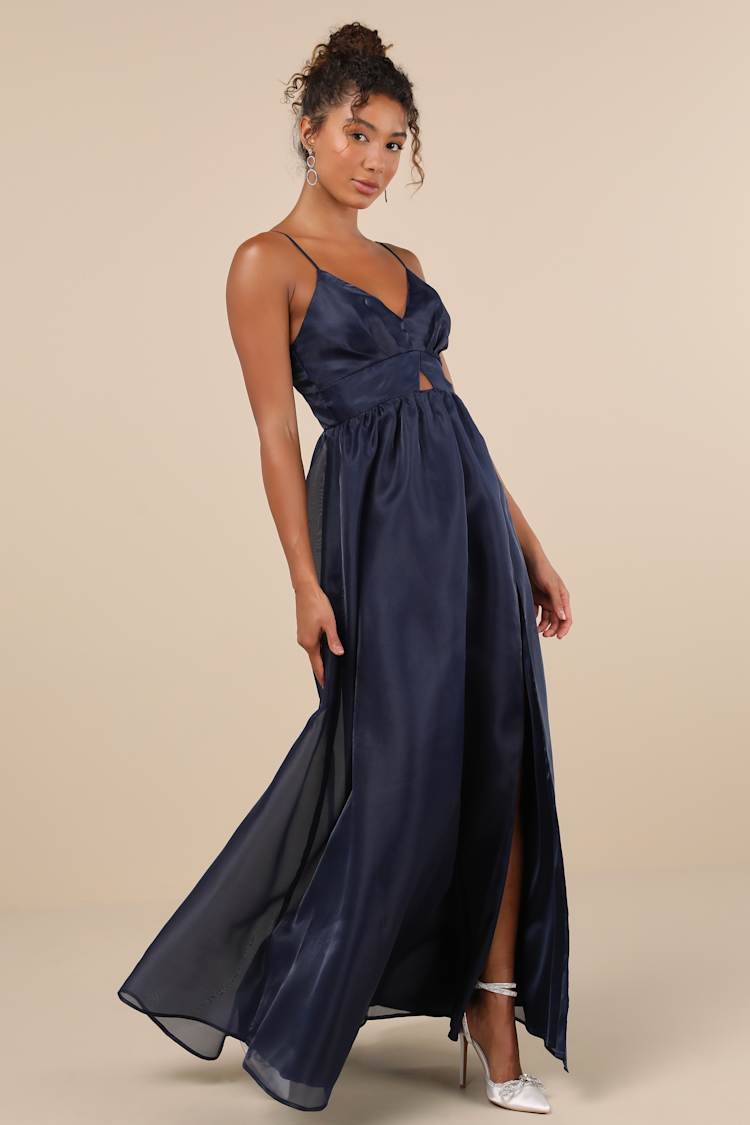 Authentic Glamour Navy Organza Sleeveless Cutout Maxi Dress