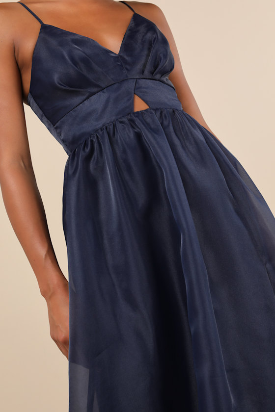 Lulus Authentic Glamour Navy Organza Sleeveless Cutout Maxi Dress In Navy