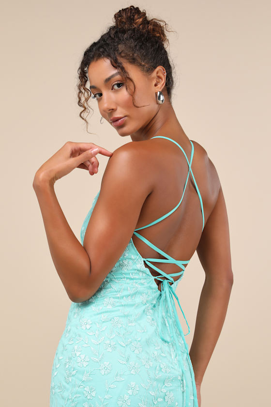Lulus Lively Sweetheart Turquoise Mesh Embroidered Lace-up Mini Dress In Turquoise