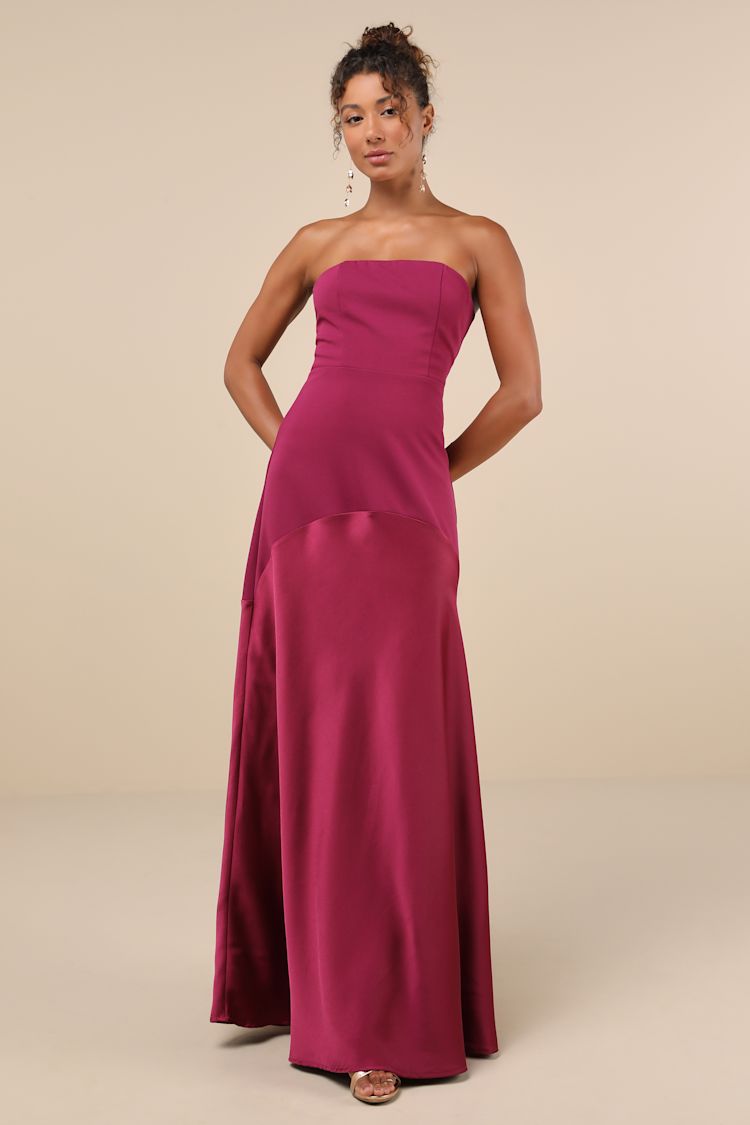 Plum Purple Dress - Strapless Maxi Dress - Mixed Media Dress