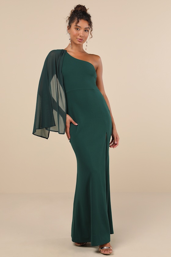 Majestic Attitude Emerald Cape Sleeve One-Shoulder Maxi Dress 3