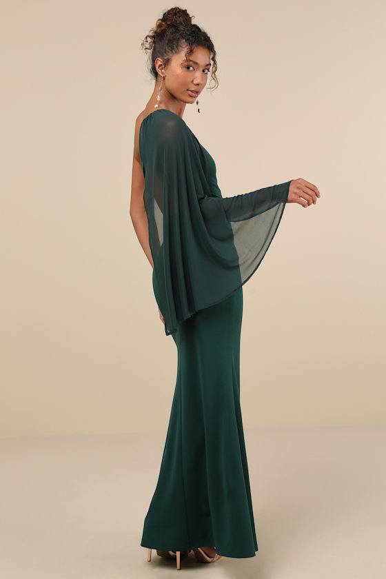 Lulus Majestic Attitude Emerald Cape Sleeve One-shoulder Maxi Dress In Green
