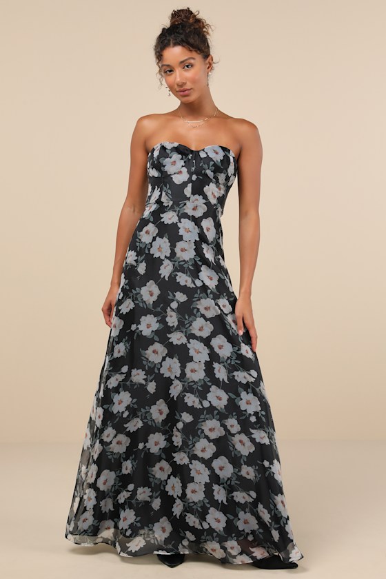 Lulus Chic Preciousness Black Floral Organza Bustier Maxi Dress | ModeSens