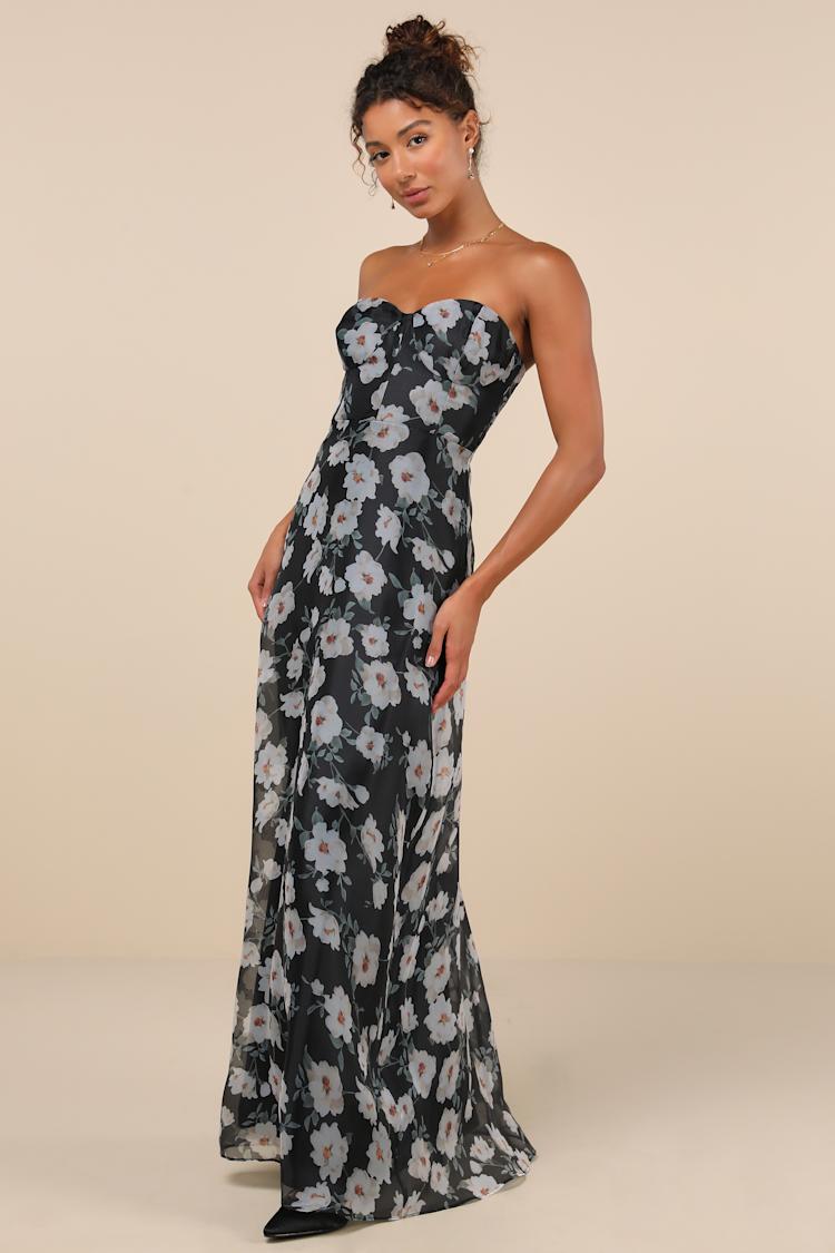 Chic Preciousness Black Floral Organza Bustier Maxi Dress