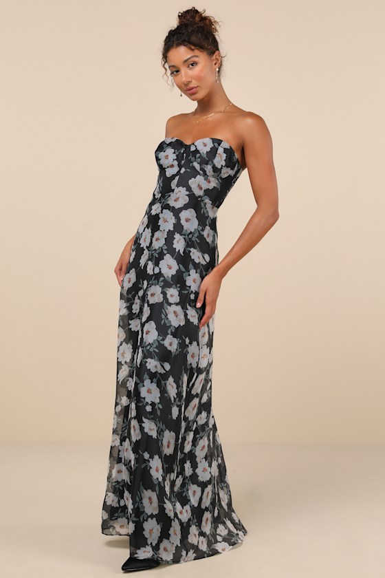 Chic Preciousness Black Floral Organza Bustier Maxi Dress 4