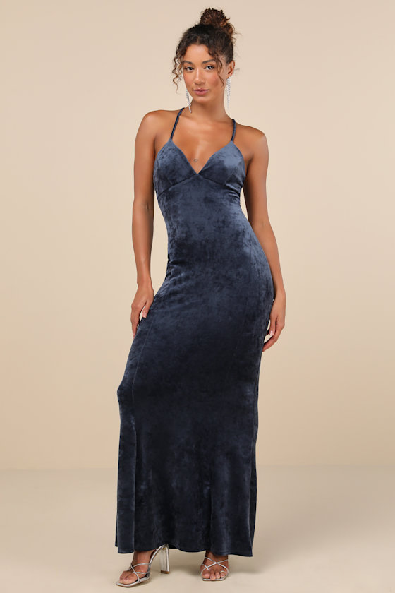 Lulus Immensely Luxe Navy Blue Velour Backless Mermaid Maxi Dress In Navy Blue