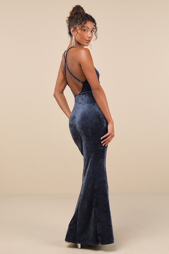 Lulus Immensely Luxe Navy Blue Velour Backless Mermaid Maxi Dress In Navy Blue