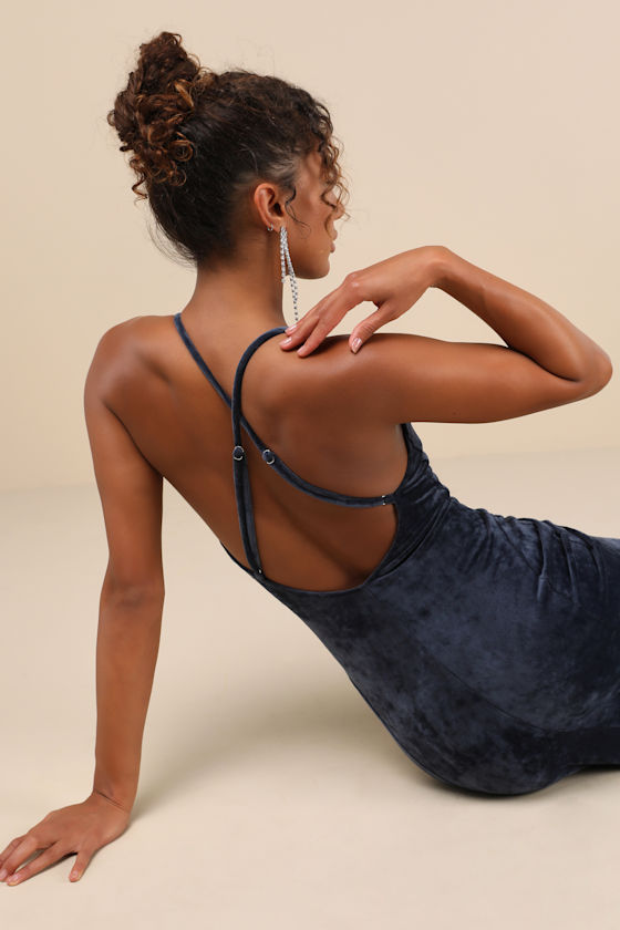 Lulus Immensely Luxe Navy Blue Velour Backless Mermaid Maxi Dress In Navy Blue