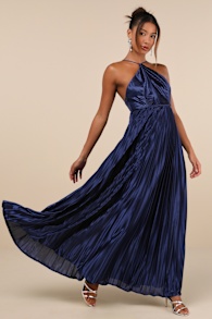 Elaborate Charm Navy Blue Satin Pleated Backless Maxi Dress 2