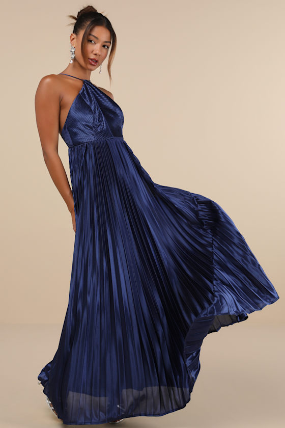 Elaborate Charm Navy Blue Satin Pleated Backless Maxi Dress 3