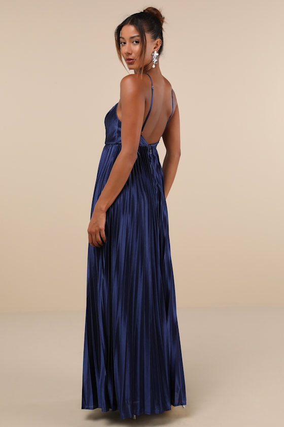 Lulus Elaborate Charm Navy Blue Satin Pleated Backless Maxi Dress In Navy Blue