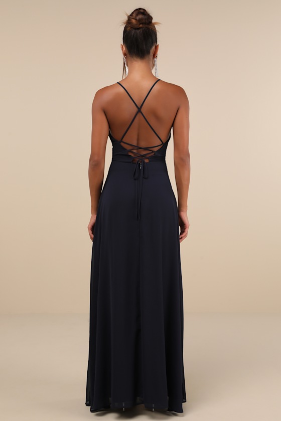 Lulus Event Ready Navy Blue Backless Lace-up Maxi Dress In Navy Blue