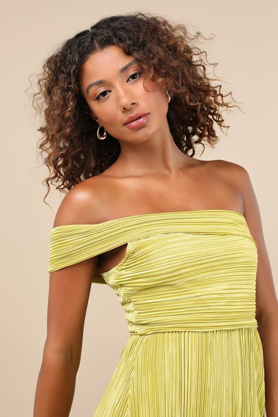LULUS POISED PERFORMANCE CHARTREUSE PLISSE ONE-SHOULDER MINI DRESS
