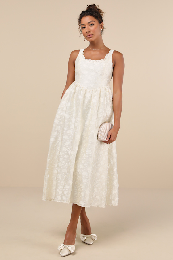 Immaculate Elegance Cream Jacquard Lace-Up Midi Dress 5