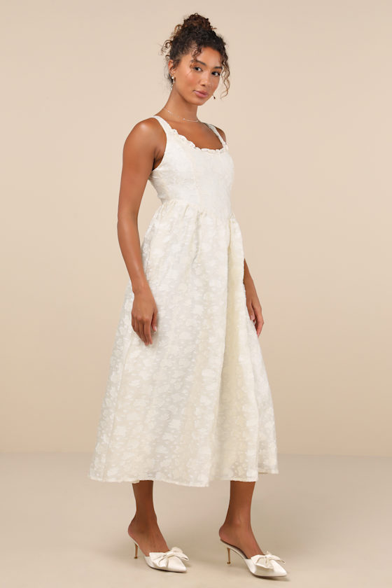 Immaculate Elegance Cream Jacquard Lace-Up Midi Dress 4