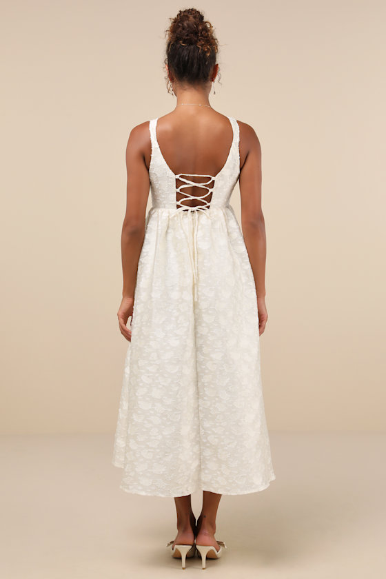 Lulus Immaculate Elegance Cream Jacquard Lace-up Midi Dress In White