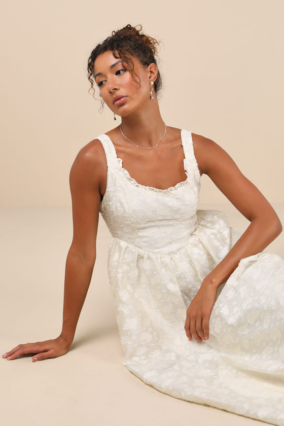 Lulus Immaculate Elegance Cream Jacquard Lace-up Midi Dress In White
