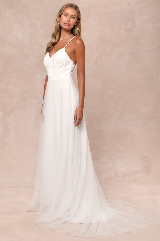 Love Perfection White Lace Tulle Pearl Beaded Maxi Dress 5