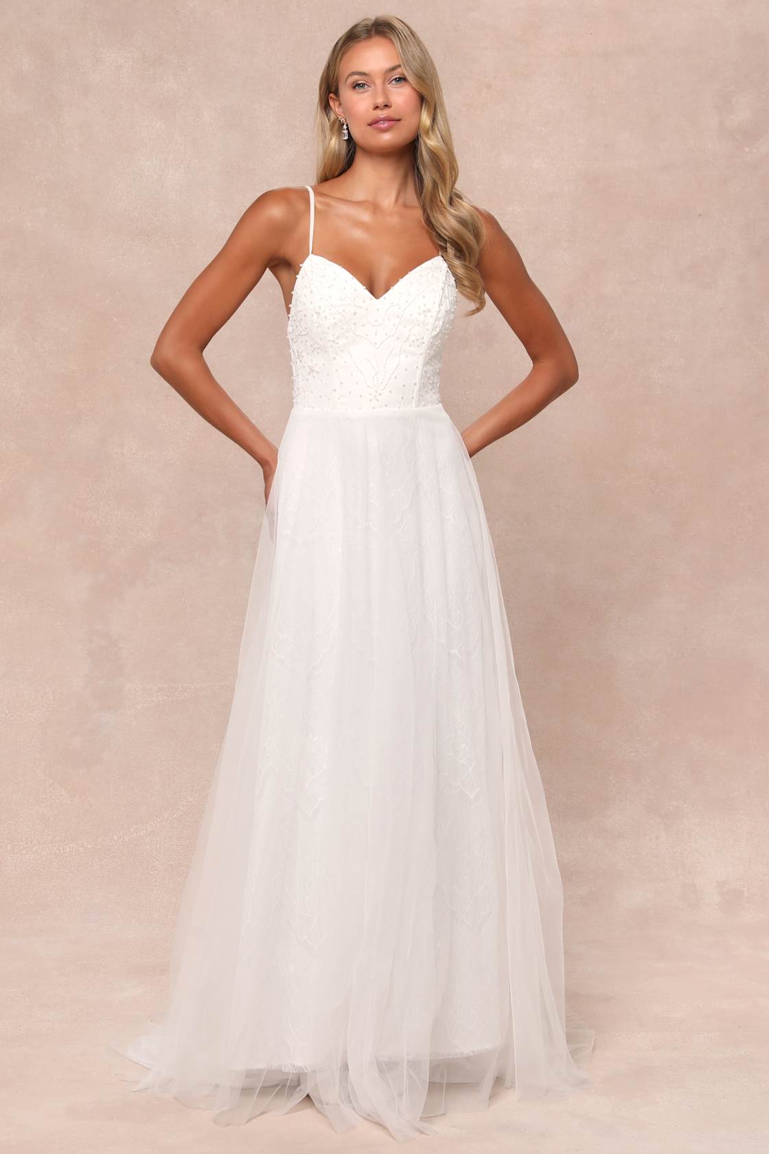 Love Perfection White Lace Tulle Pearl Beaded Maxi Dress