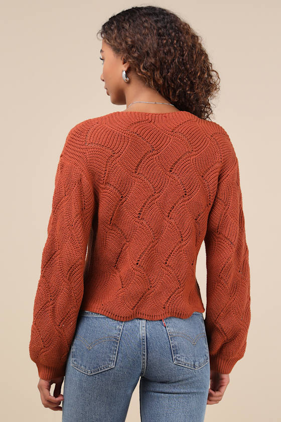 Cute Lifestyle Rust Orange Pointelle Knit V-Neck Sweater Top 2