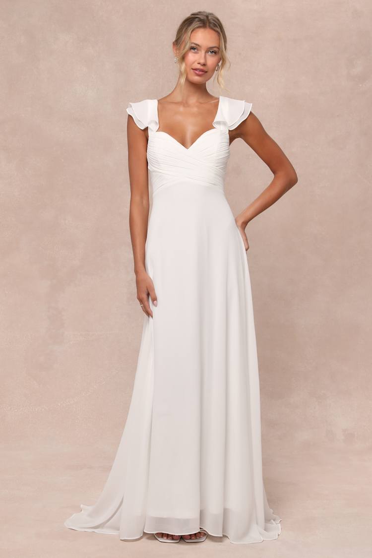 chinese dress ladies Flutter Sleeve Sweetheart Neck White Maxi Dress by She + Sky – Hometown  Heritage Boutique main image 1
