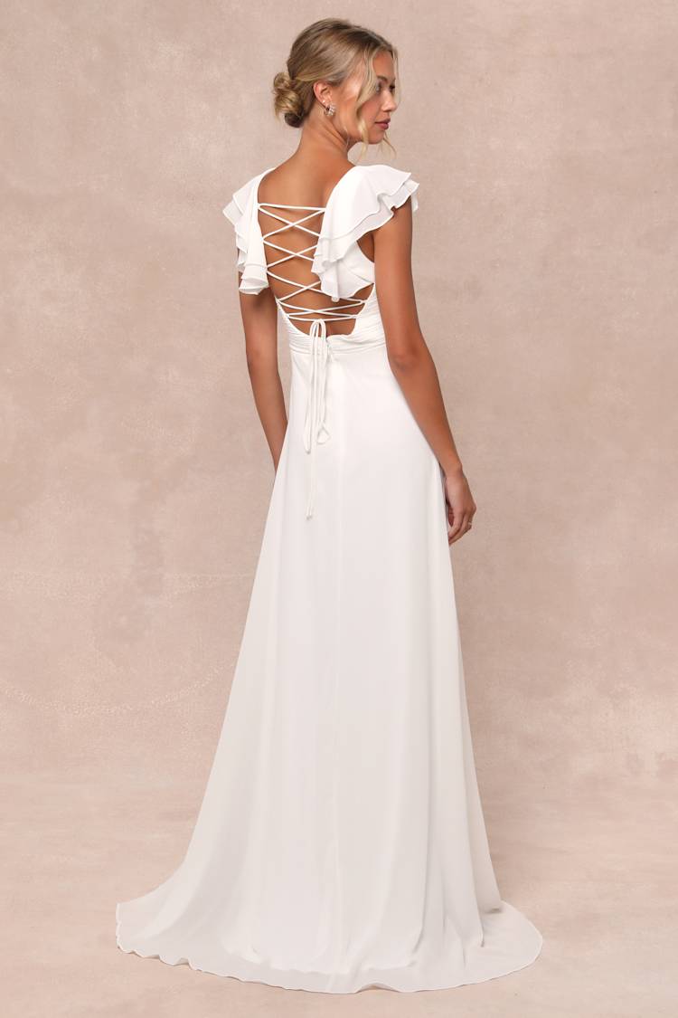 Heavenly Romance White Pleated Flutter Sleeve Lace-Up Maxi Dress
